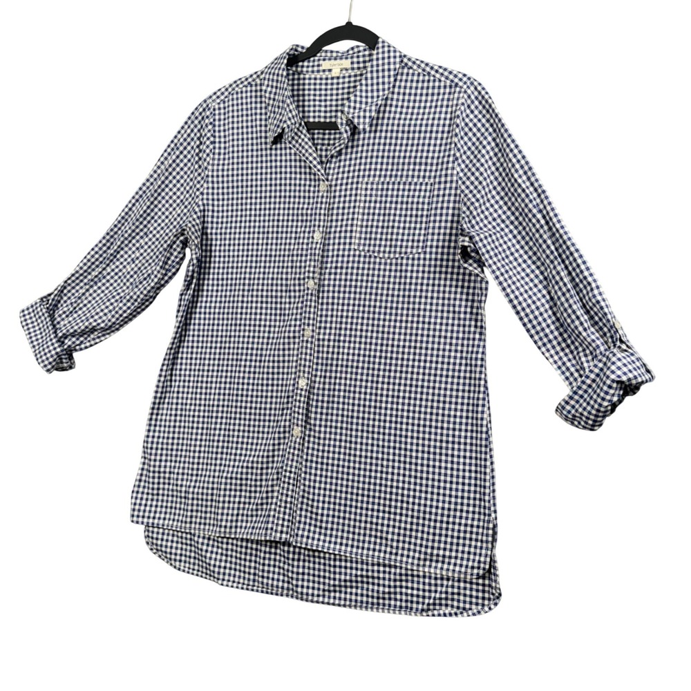 Tyler Boe Button Down Tunic Women L Blue White Gingham Preppy High Low Old Money - Picture 7 of 12
